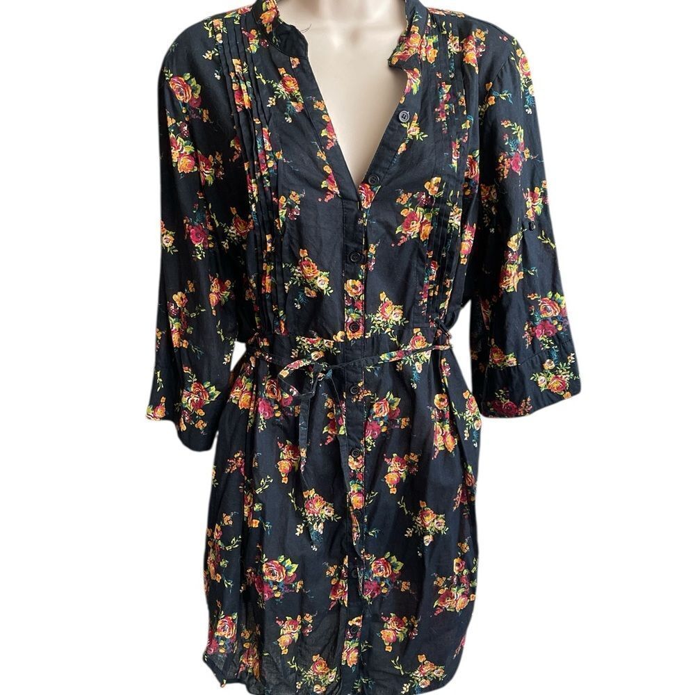 Pure Energy Dark Floral Women's shirt dress Sz 2 bottoms down ties waist strings